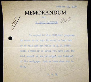 1929 Typed Memorandum for D. Basil O'Connor Initialed By Franklin Delano Roosevelt