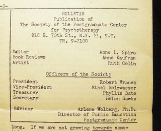 1958 - 1959 Group of Bulletins from the Society of the Postgraduate Center for Psychotherapy