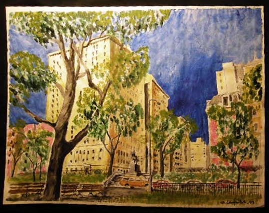 Item #24514 1995 New York City Riverside Park Statue General Sigel Architectural View Large Watercolor Signed G. Langnotot. Art - 20th Century - Watercolor - New York City.
