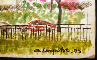 1995 New York City Riverside Park Statue General Sigel Architectural View Large Watercolor Signed G. Langnotot