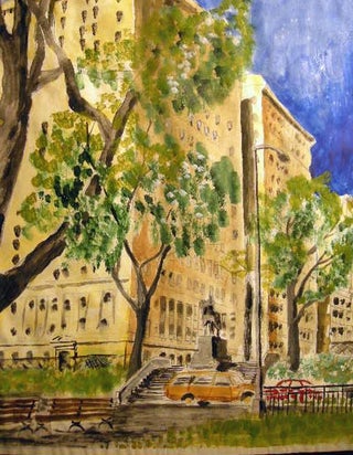 1995 New York City Riverside Park Statue General Sigel Architectural View Large Watercolor Signed G. Langnotot