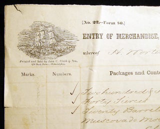1862 Port of Philadelphia Manuscript & Printed Bill of Lading Entry of Merchandise Customs Duties for Barque Irma from Trinidad De Cuba