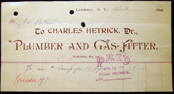 Item #24797 1901 Manuscript & Printed Billhead Receipt from Charles Hetrick, Plumber and Gas-Fitter Lawrence, N.Y. For Joe Porter. Americana - 20th Century - Long Island - Lawrence - Business History.