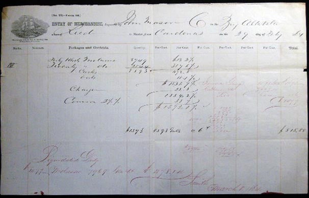 Item #25033 1864 Port of Philadelphia Manuscript & Printed Bill of Lading Entry of Merchandise Customs Duties for the Brig Altabela from Cardenas, Reed, Master Imported By John Mason & Co. Americana - 19th Century - Civil War - Shipping - Customs Duties.