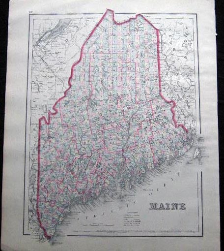 Item #25049 Original Hand-Colored Map of Maine. Map - Cartography - 19th Century - O. W. Gray - Maine.