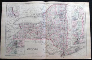 Item #25055 Original Double-Page Hand-Colored Map of New York State with Inset Map of Hudson...