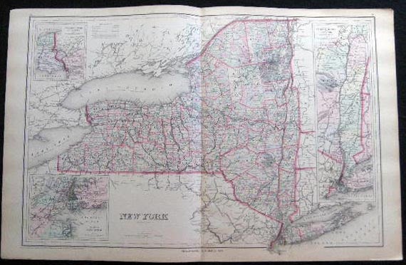 Item #25055 Original Double-Page Hand-Colored Map of New York State with Inset Map of Hudson River from New York to Saratoga Springs and Inset Map of Niagara River and Vicinity and a Smaller Inset Map of the Vicinity of New York. Map - Cartography - 19th Century - O. W. Gray - New York State.