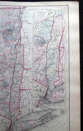 Original Double-Page Hand-Colored Map of New York State with Inset Map of Hudson River from New York to Saratoga Springs and Inset Map of Niagara River and Vicinity and a Smaller Inset Map of the Vicinity of New York