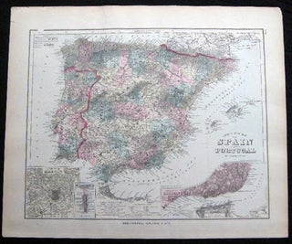 Item #25060 Original Hand-Colored Gray's New Map of Spain and Portugal By Frank A. Gray (and) Map...
