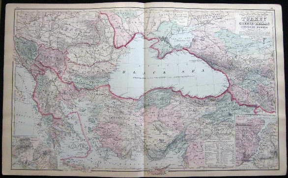 Item #25069 Original Double-Page Hand-Colored Gray's New Map of the Countries Surrounding the Black Sea, Comprising Turkey in Europe and Part of Turkey in Asia Greece (Hellas) Southern Russia Etc. By Frank Gray (and) Map of Russia (and) Map of France. Map - Cartography - 19th Century - O. W. Gray - Turkey - Greece Russia - France.