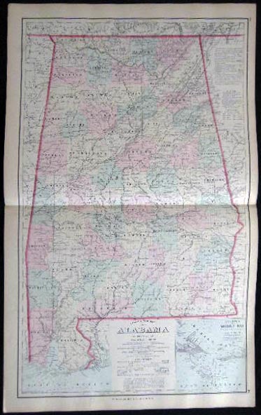 Item #25075 Original Double-Page Hand-Colored Gray's New Map of Alabama By Frank A. Gray. Map - Cartography - 19th Century - O. W. Gray - Alabama.