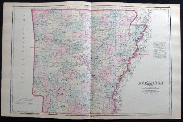 Item #25079 Original Double-Page Hand-Colored Map of Arkansas By Frank A. Gray. Map - Cartography - 19th Century - O. W. Gray - Arkansas.