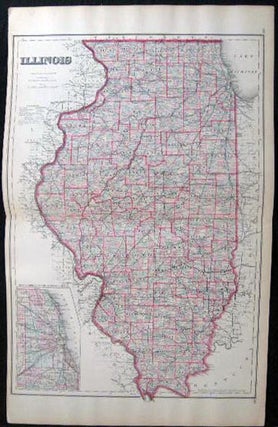 Item #25082 Original Double-Page Hand-Colored Map of Illinois. Map - Cartography - 19th Century -...