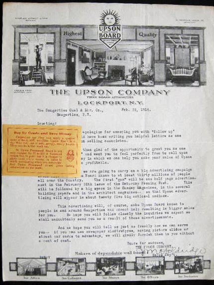 Item #25108 1916 Typed Promotional Letter Signed on Illustrated Letterhead of The Upson Company Fibre Board Authorities Lockport, N.Y. Americana - 20th Century - Business History - Construction Industry - Fibre Board.