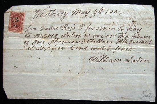 Item #25127 1864 Manuscript Promissory Note with Revenue Stamp William Laton (Layton) & Maria Laton (Layton) Westbury, Long Island New York. Americana - 19th Century - Business History - Long Island New York - Westbury - Manuscript.