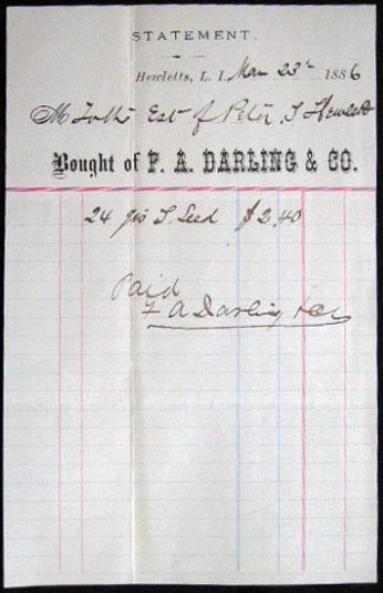 Item #25129 1886 Manuscript & Printed Statement Bought of F.A. Darling & Co., Hewletts, Long Island New York. Americana - 19th Century - Business History - Long Island New York - Hewletts - Manuscript.