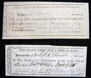 Item #25131 1858 & 1868 Manuscript Subscription Receipts for the Long Island Times, W.R. Burling...