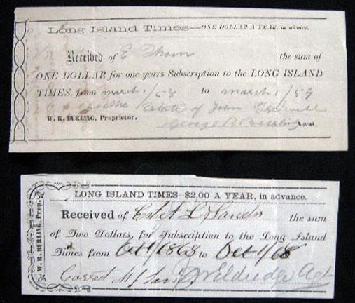 Item #25131 1858 & 1868 Manuscript Subscription Receipts for the Long Island Times, W.R. Burling Prop. Long Island New York. Americana - 19th Century - Business History - Long Island New York - Newspaper Industry - Manuscript.