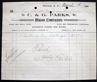 1900 Manuscript & Printed Receipt from C. & G. Parks Mason Contractors, Plastering, Inwood, New York