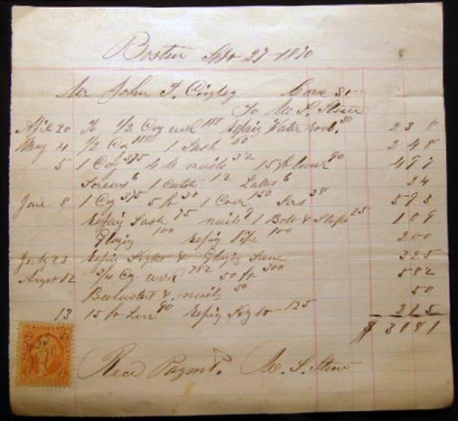 Item #25390 1870 Detailed Billing for Home Carpentry Work By M.S. Stone for a Home on Cove Street, Boston Massachusetts with Revenue Stamp. Americana - 19th Century - Manuscript - Boston - Occupational History - Carpentry.