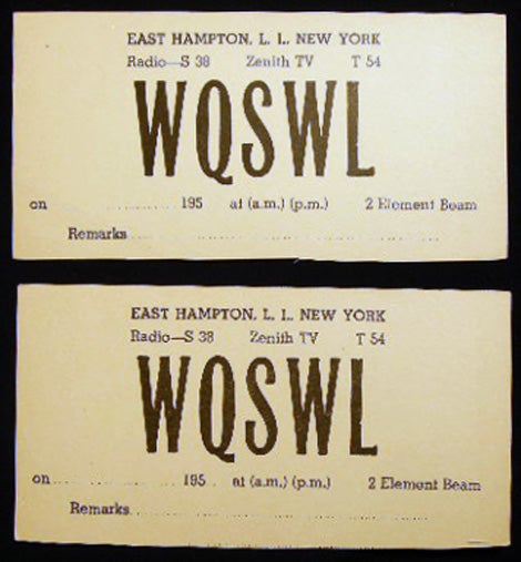 Item #25457 Two Circa 1950 East Hampton, L.I. New York Radio - S 38 Zenith TV T 54 WQSWL 2 Element Beam Postcard Reply Cards with Prepaid Postage. Americana - 20th Century - New York - East Hampton Long Island - Short Wave Radio.