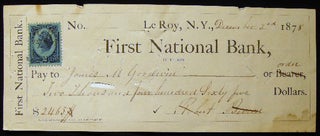 Item #25464 1878 First National Bank of Le Roy, N.Y. Check with Revenue Stamp. Americana - 19th...