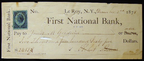 Item #25464 1878 First National Bank of Le Roy, N.Y. Check with Revenue Stamp. Americana - 19th Century - Business History - Banking - Le Roy New York - First National Bank of Le Roy.