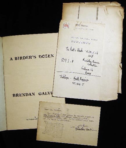 Item #25554 A Birder's Dozen (with) a Typed Postcard Signed from the Author & Related Ephemera. Brendan Galvin.