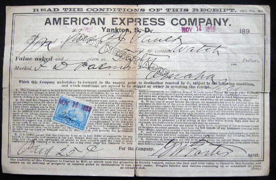 Item #25705 1899 American Express Company Yankton, South Dakota Receipt for the Express Forwarding of a Fifty Dollar Watch for Mrs. C.J. Fault Marked F.D. Parmer Omaha Signed for the Company By G.W. Foster, Agent (with) U.S. Internal Revenue Tax Stamp. Americana - 19th Century - South Dakota.