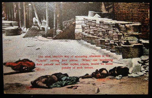 Item #25743 Circa 1909 Postcard China the Most Horrible Way of Executing Criminals is the "Linchi" Cutting Into Pieces. When One Murdering Their Parents and Other Capital Crimes, Would be Under Penalty of Such Torture. China - 20th Century - Hong Kong.