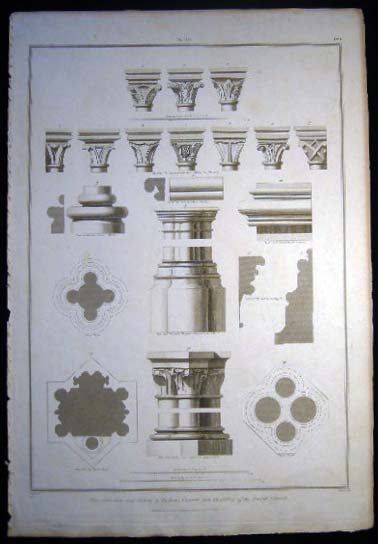 Item #26048 Plans, Elevations and Sections of the Bases, Capitals and Mouldings of the Temple Church Pl. XXV Vol. V. Copper Engraving By Basire After the Original By F. Nash. Architecture - Great Britain - The Society of Antiquaries of London.