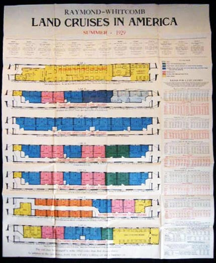 Item #26212 Poster for the Summer 1929 Raymond-Whitcomb Land Cruises in America Plan of Cruise Trains. Americana - 20th Century - Transportation - Railroad - Tours - Raymond-Whitcomb.
