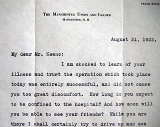 1923 Typed Letter Signed By Frank Knox, President and Editor of The Manchester Union and Leader Manchester, N.H.