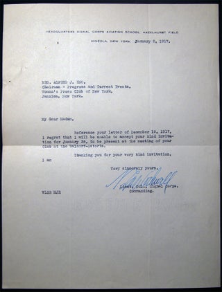 1917 Typed Letter Signed from Lieutenant Colonel Rockwell, Signal Corps, Commanding Headquarters Aviation School Hazelhurst Field Mineola, NY Regarding a Speaking Engagement at the Woman's Press Club of New York.