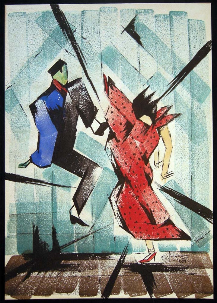 Item #26571 1957 Original Watercolor & Ink Abstract, Dancing Couple Signed Salazar. Art - 20th Century - Mid-Century - Modern Art - Salazar.