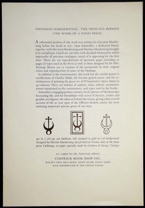 Publishers' Prospectus for the Publication of Giovanni Mardersteig The Officina Bodoni An Account of the Work of a Hand Press 1923 - 1977 Edited and Translated By Hans Schmoller