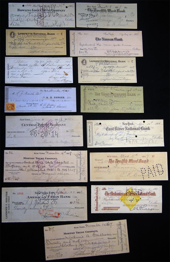 Item #26623 1864 - 1937 Group of Checks & Other Financial Instruments Drawn on New York City Banks: The Nassau Bank, Lafayette National, Morton Trust, East River National, Twelfth Ward Bank, Mechanics and Metals National, Bowling Green Trust, Corn Exchange and Others. Americana - 19th-20th Century - Manuscript - Banking History - Finance - New York.