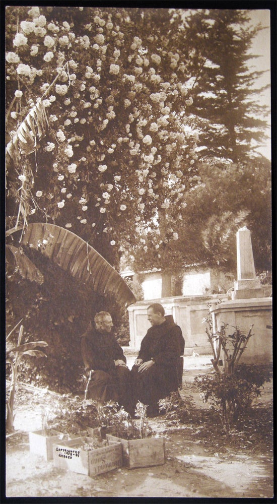 Item #26624 1908 Photograph of Two Franciscan Monks Seated in a Tropical Memorial Garden Signed N. Maceo. Americana - Photography - 20th Century.