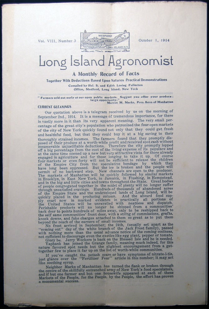 Item #26647 Long Island Agronomist Vol. VIII, Number 3 October 1, 1914 A Monthly Record of Facts Together with Deductions Based Upon Natures Practical Demonstrations Compiled By Hal. B. And Edith Loring Fullerton. Americana - 20th Century - Long Island - New York - Farming History - LIRR Demonstration Farm.