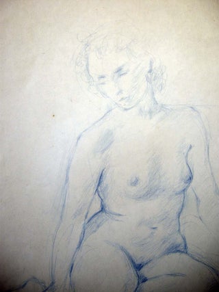 Item #26674 1990 Seated Female Nude Drawing in Blue Pencil Signed S. Baer '90. Art - 20th Century...