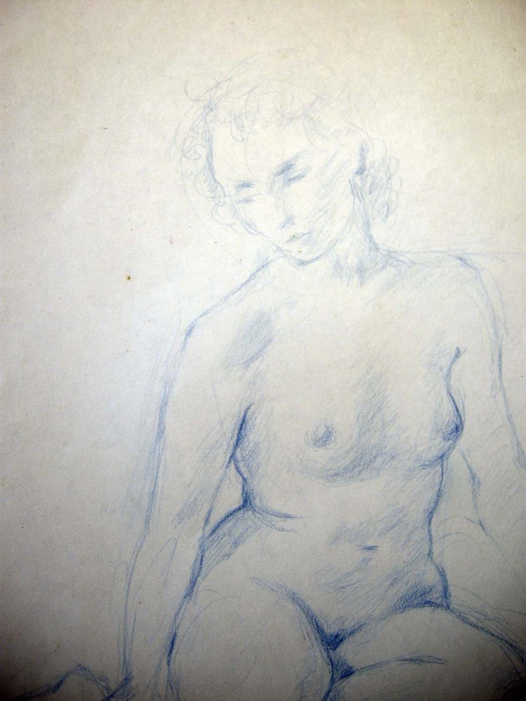 Item #26674 1990 Seated Female Nude Drawing in Blue Pencil Signed S. Baer '90. Art - 20th Century - Drawing.