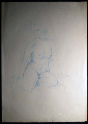 1990 Seated Female Nude Drawing in Blue Pencil Signed S. Baer '90
