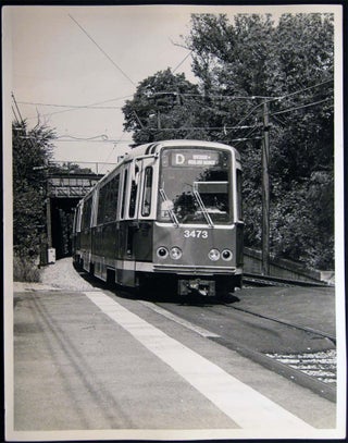 Item #26751 Photograph of MBTA Green Line Streetcar Railway Cars Outbound at Newton Center, Mass....