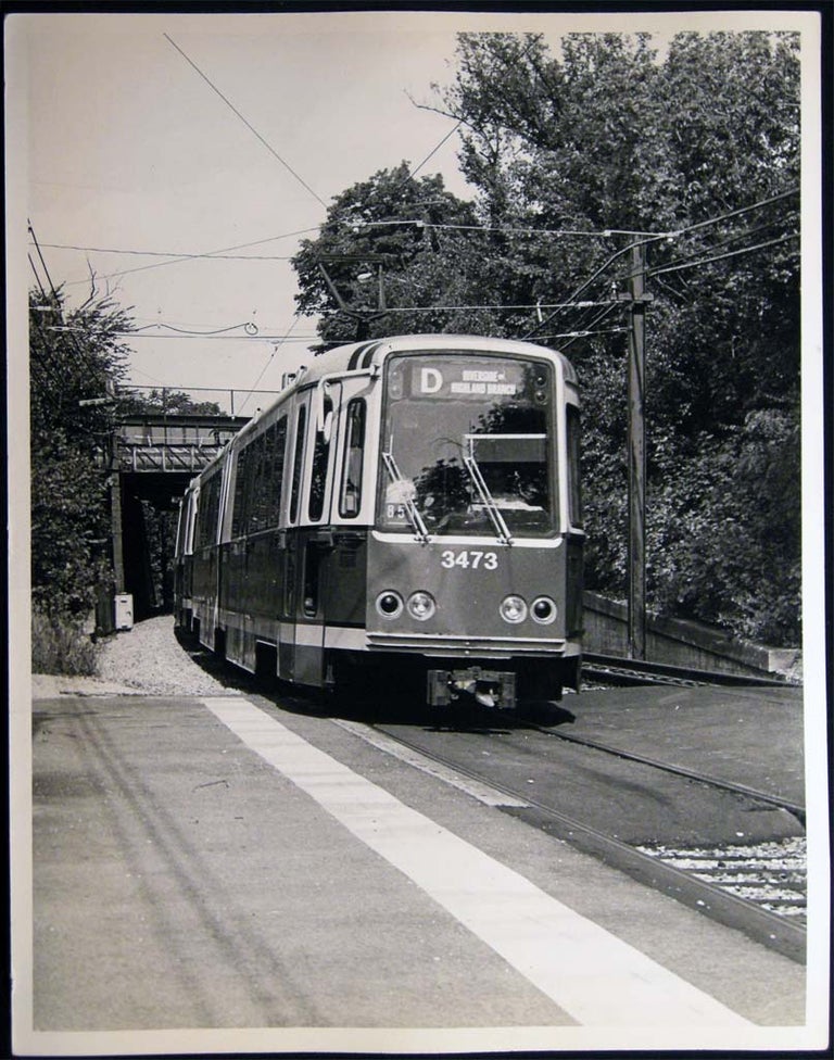 Item #26751 Photograph of MBTA Green Line Streetcar Railway Cars Outbound at Newton Center, Mass. Americana - 20th Century - Photography - Transportation - Rail.