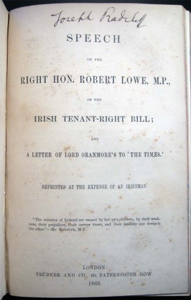 1857 - 1866 Collection Of Sixteen Political Rights Pamphlets and Speeches Regarding Education, Suffrage, Franchise, Parliamentary Reform, Representation, Irish Tenant-Rights, the Death Penalty, Personal Property & Entail and the Coal Question