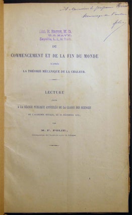 Item #26983 Du Commencement et De La Fin Du Monde d'Apres La Theorie Mecanique De La Chaleur....