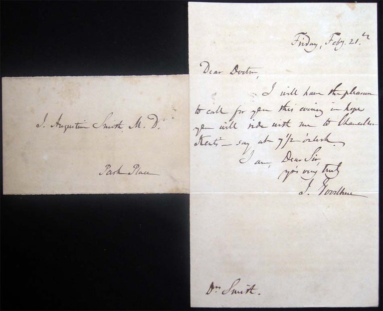 Item #26994 Circa 1847 Autograph Note Dated Friday, Feby. 21st Signed By J. Goodhue Sent to Dr. J. Augustin Smith Park Place N.Y. Regarding a Visit to Chancellor Kent's. Americana - 19th Century - History of Medicine - New York City - Autograph.