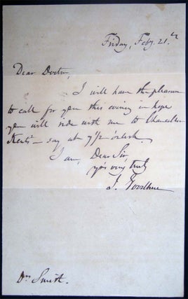 Circa 1847 Autograph Note Dated Friday, Feby. 21st Signed By J. Goodhue Sent to Dr. J. Augustin Smith Park Place N.Y. Regarding a Visit to Chancellor Kent's