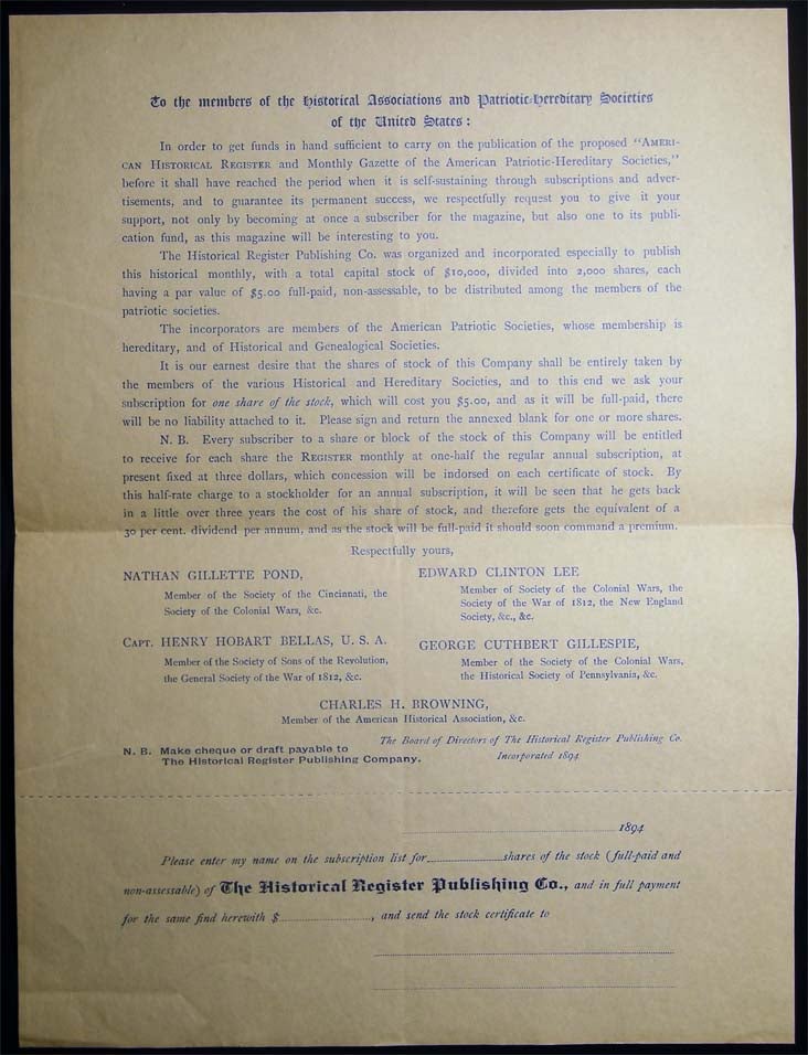 Item #27037 1894 Invitation to the Members of the Historical Associations and Patriotic Hereditary Societies of the United States Stock Offering Circular from The Historical Register Publishing Co. Americana - 19th Century - History of Publishing - The Historical Register Publishing Co.