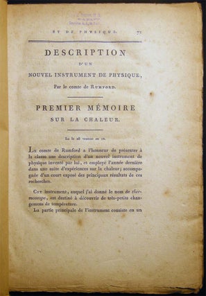Item #27116 Description d'Un Nouvel Instrument De Physique, Par Le Comte De Rumford. History of...